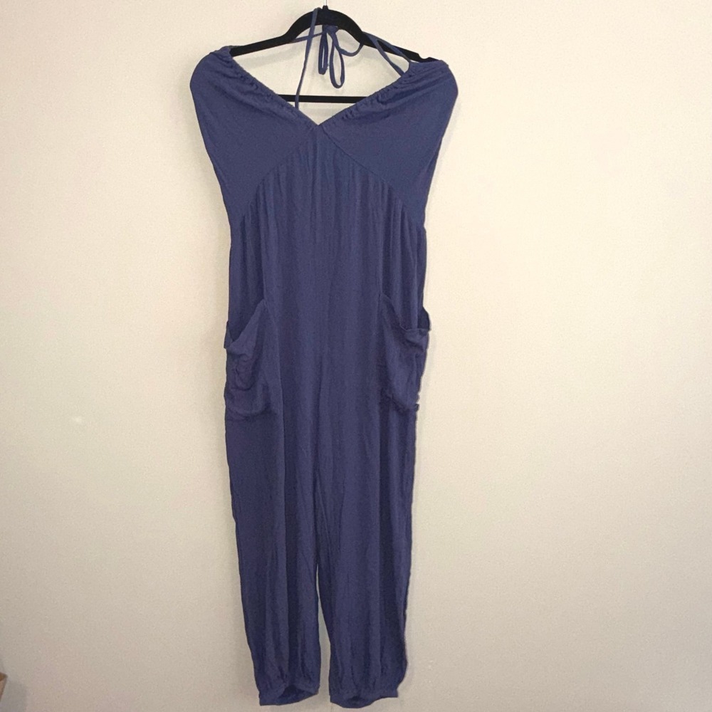 Blue Crinkle Gauze Halter Jogger Jumpsuit Smocked Pockets S/M Boho Beach Coastal